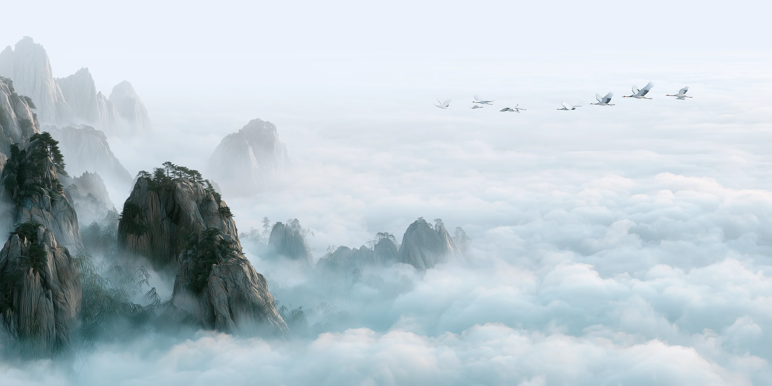 A flock of red-crowned cranes soaring above misty Chinese mountain peaks